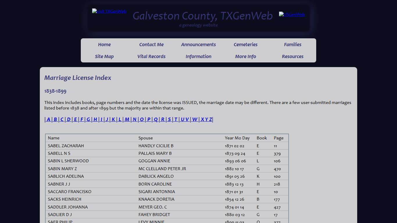 Marriage Index S, Galveston County, TXGenWeb